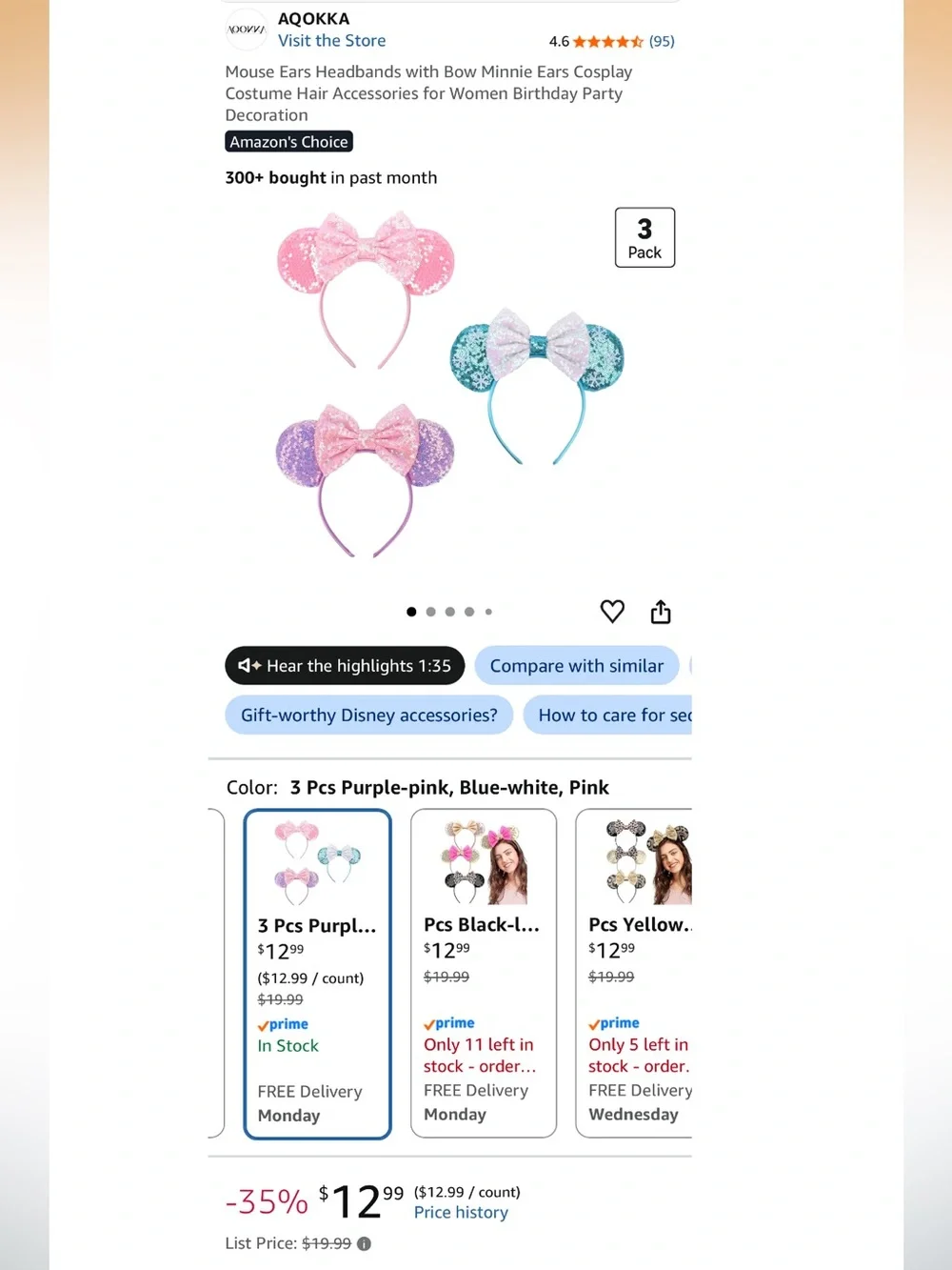 Sequin Mouse Ear Headbands for Kids — Pink, Teal, Purple (3-Pack)